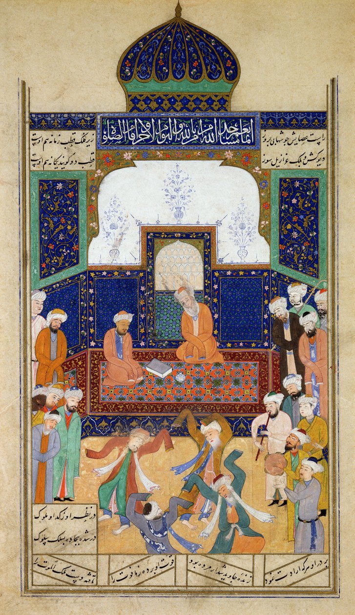 Derviches dansant au son de la musique devant leur cheikh et un disciple, de Khamsah du prince Khusrau, Matla al-Anvar, 1485 (890 Hijra) - Mughal School