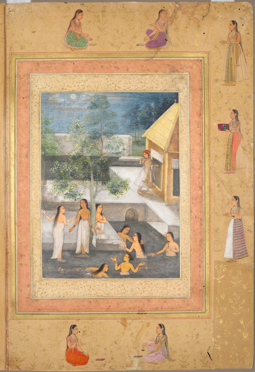 Scène de bain nocturne dans le harem (recto) : Calligraphie encadrée par une bordure ornementale de fleurs et d