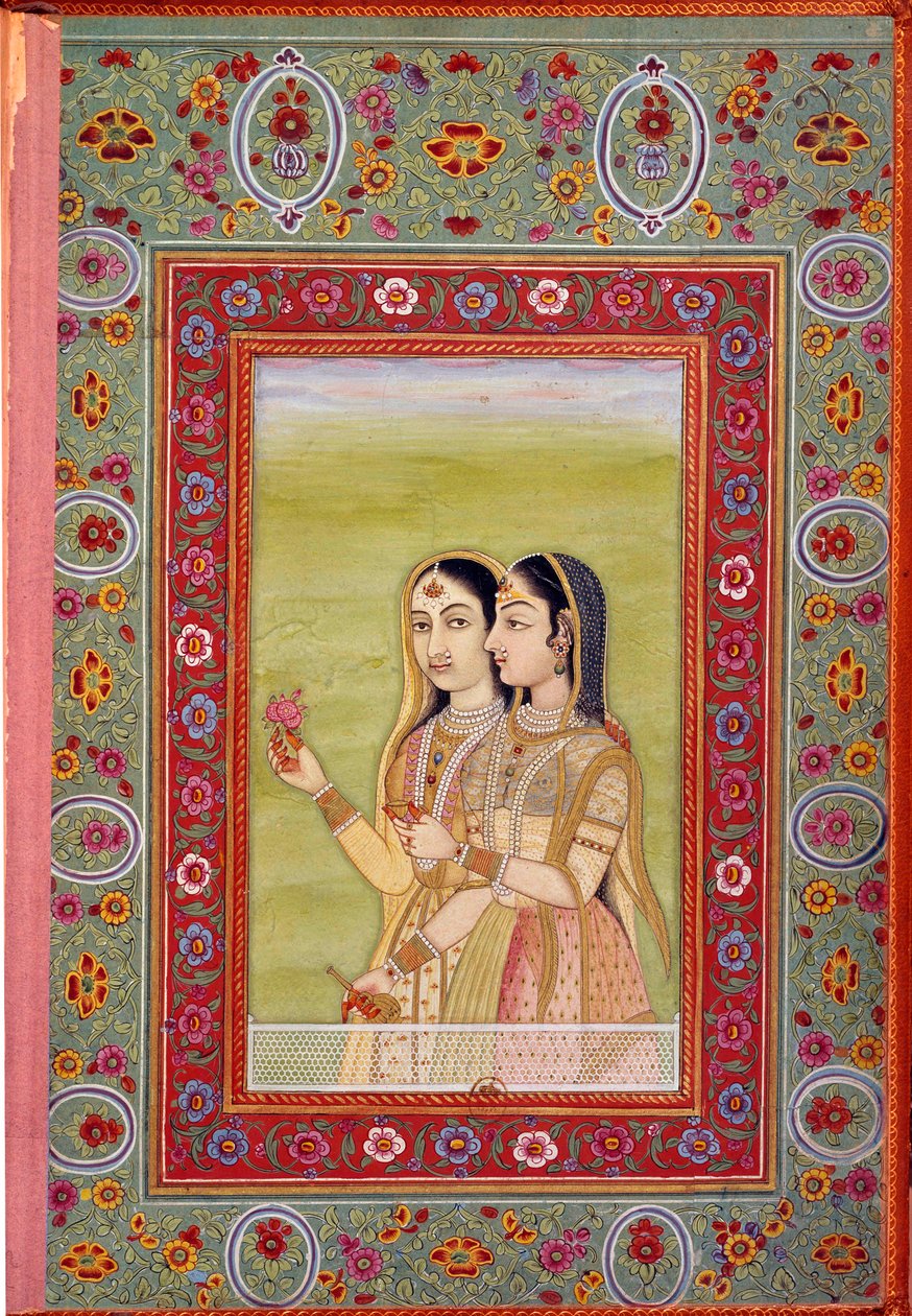 Art indien : miniature représentant deux femmes. 17ème siècle (période moghole) - Mughal School
