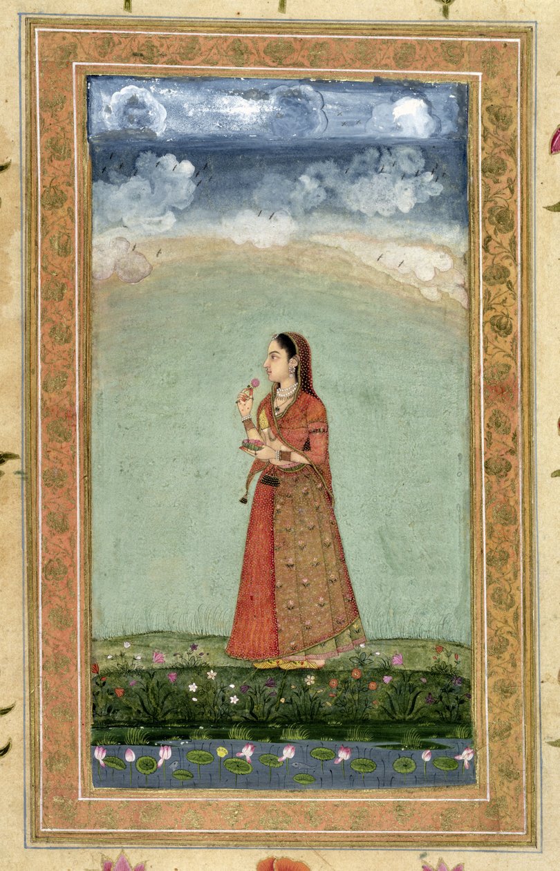 Dame tenant un bol de roses, du Petit Album Clive - Mughal School