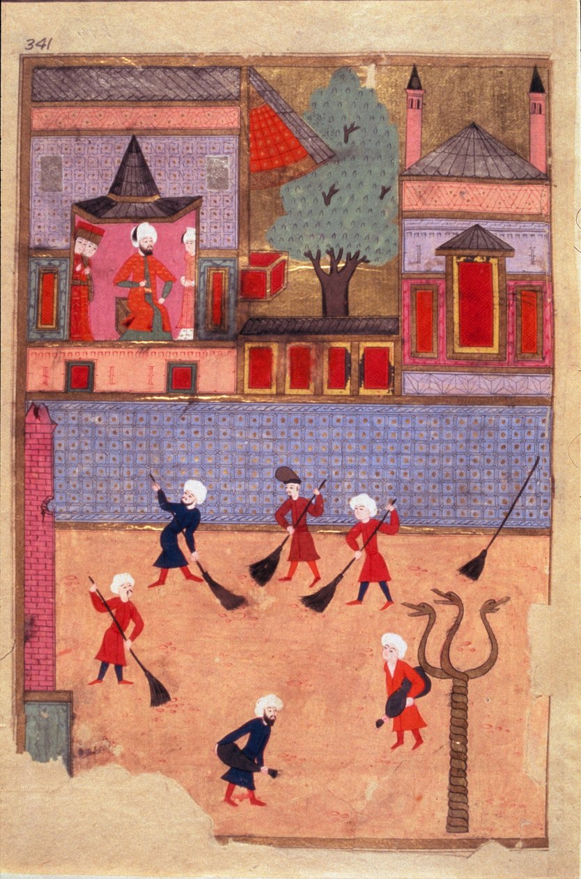 Balayeurs de rue. Page tirée du « Surname-i Humayun » ou « Livre des festivités » (ms. hazine 1344, fol. 341 a) illustrée par Osman, vers 1582. Istanbul, Topkapi Seray - Mughal School Osman