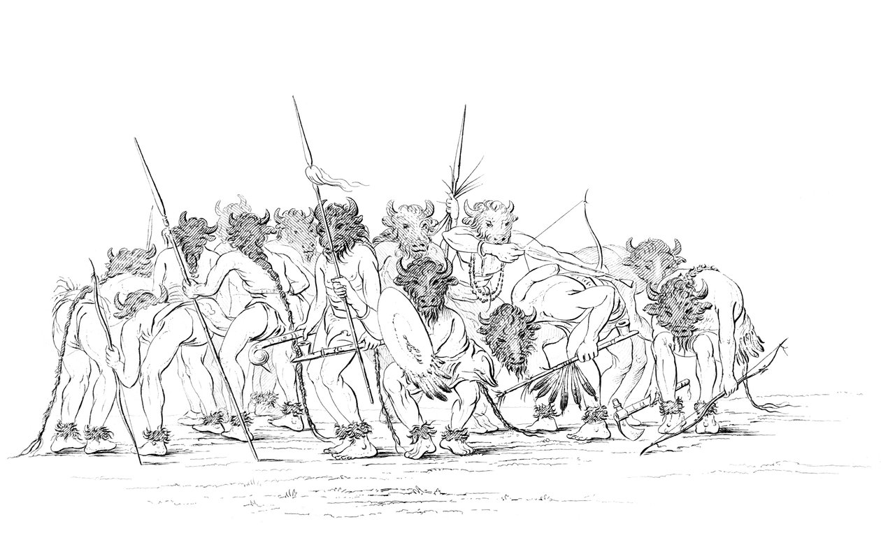 Chasseurs amérindiens dansant avec des masques de buffle, 1841 - Myers and Co