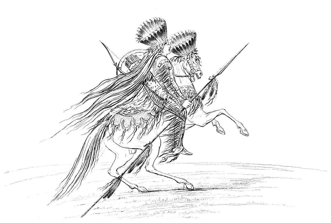 Amérindien avec des armes et une coiffe, à cheval, 1841 - Myers and Co