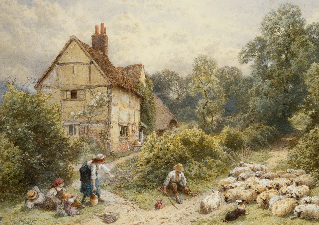 Ferme de Fowl House, Witley, avec des enfants, un berger et un troupeau de moutons à proximité - Myles Birket Foster