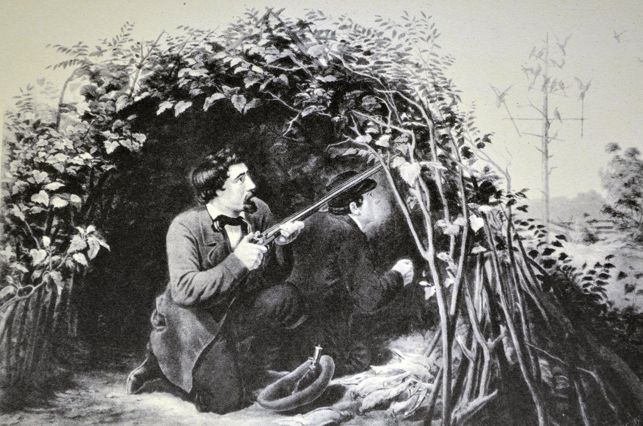 Illustration de Currier & Ives du 19ème siècle. Chasse au pigeon, jouer l