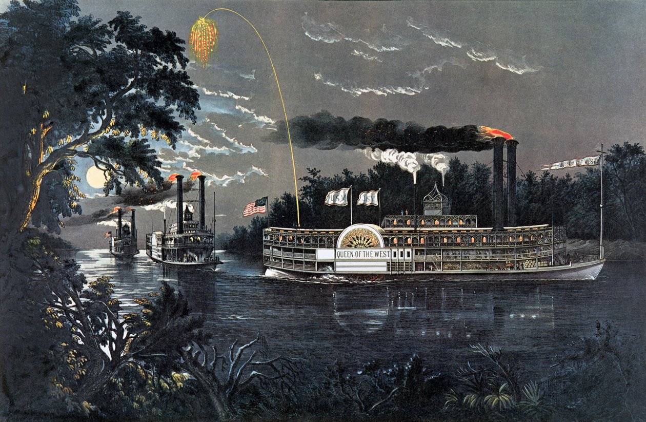 RL 27835 Contournant un virage sur le Mississippi Steamboat Queen of the West - N. and Ives, J.M. Currier