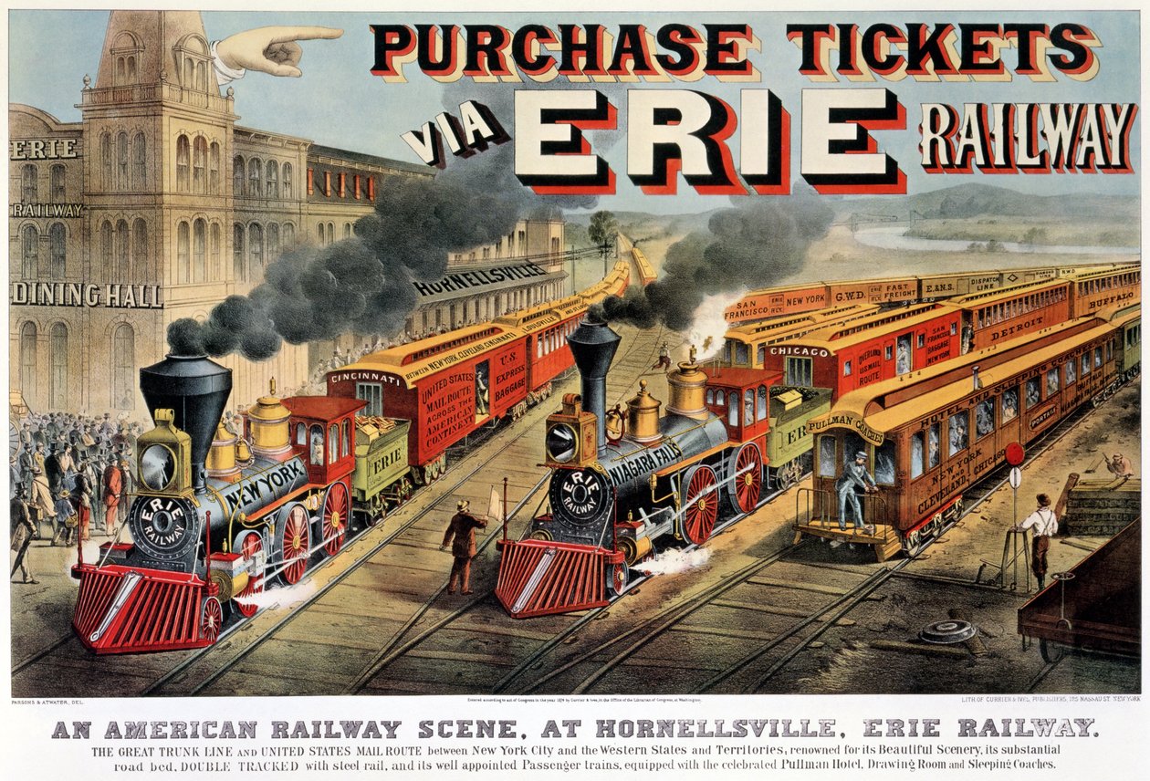 La scène ferroviaire américaine à Hornellsville, chemin de fer Erie (impression, 1874) - N. and Ives, J.M. Currier
