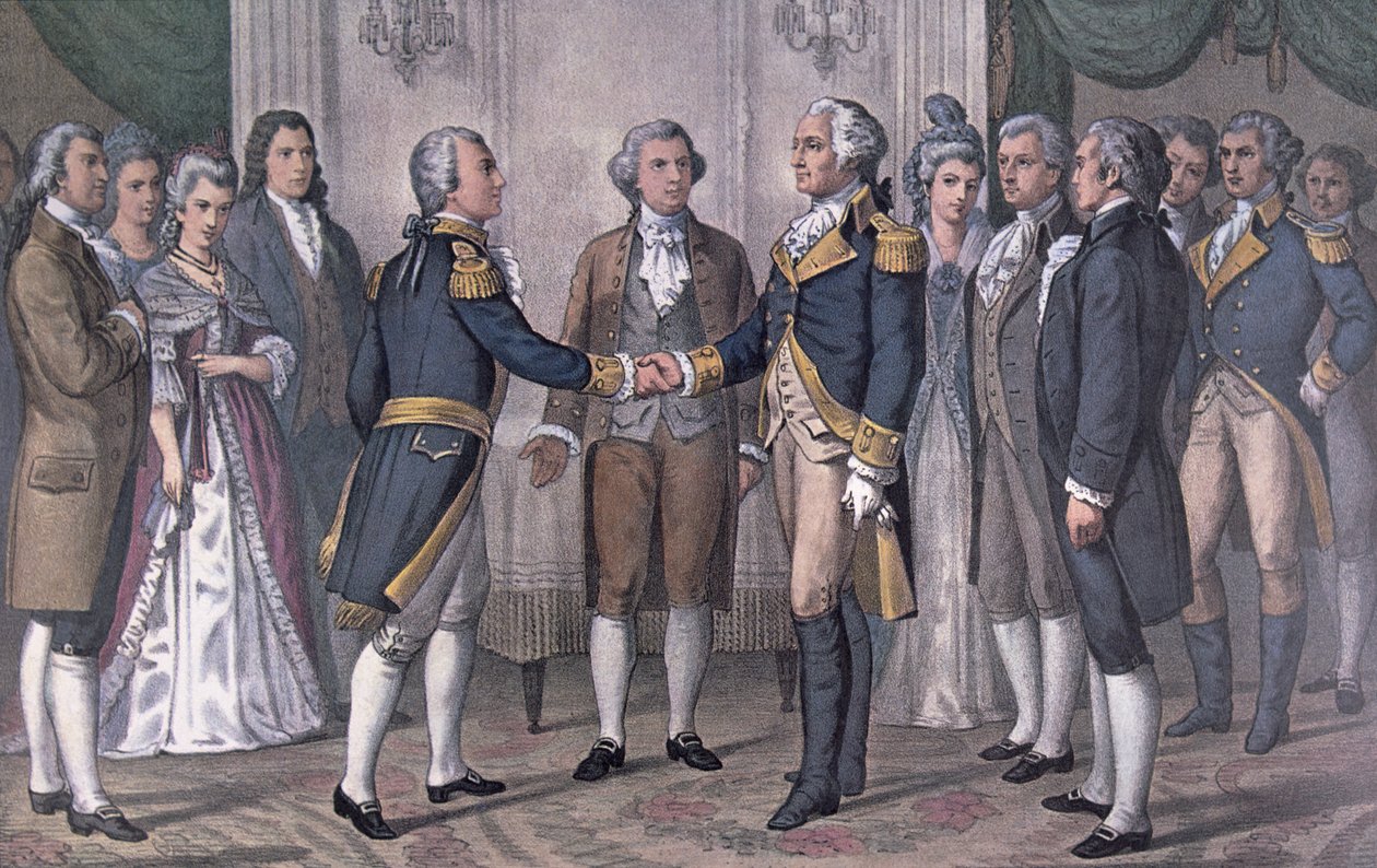La première rencontre du général George Washington et du marquis de La Fayette à Philadelphie, 3 août 1777, publié en 1876 (lithographie en couleur) - N. and Ives J.M. (after) Currier