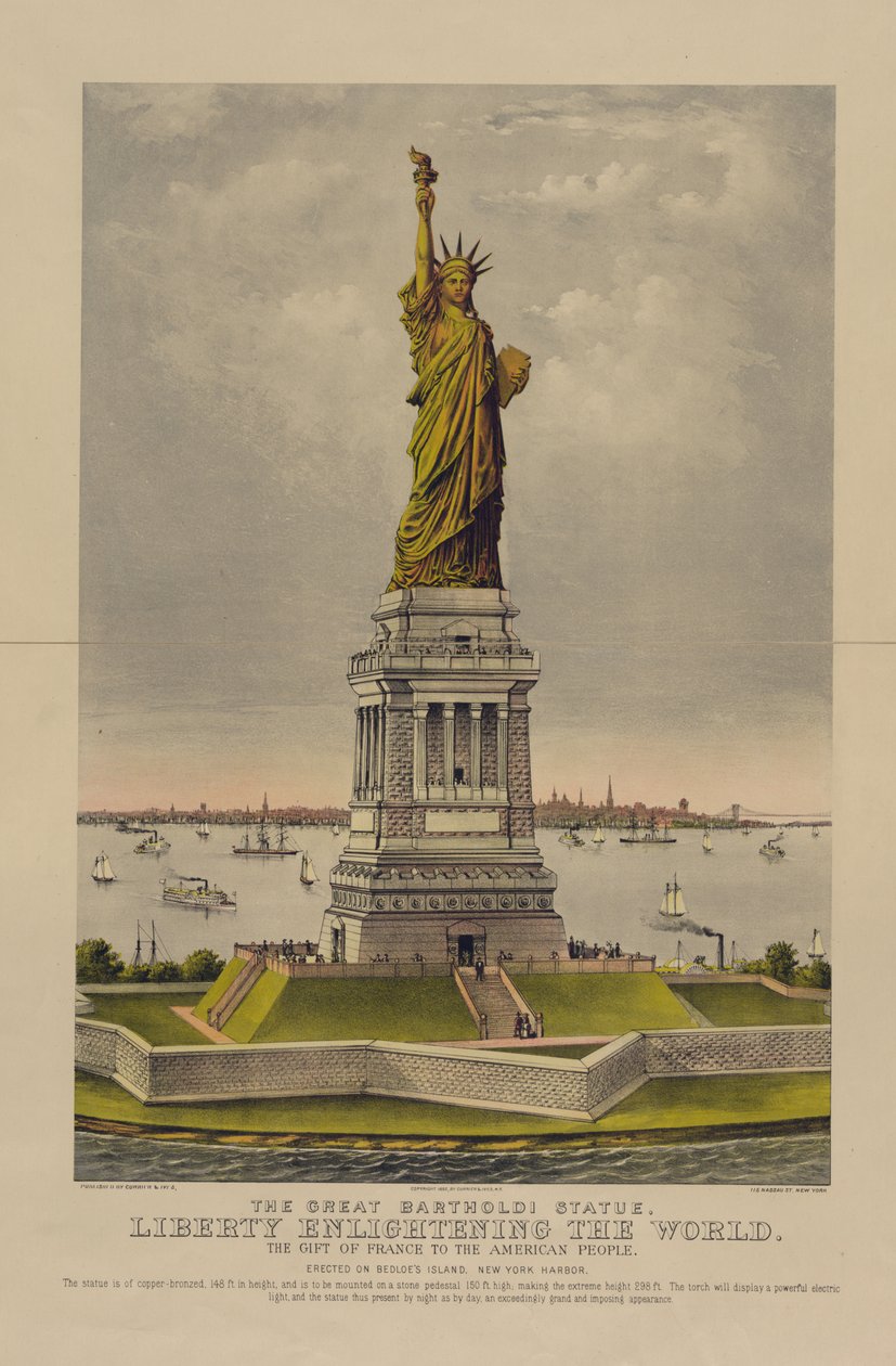 La grande statue de Bartholdi, La Liberté éclairant le monde, Le cadeau de la France au peuple américain, c.1885 (chromolithographie) - Currier and Ives