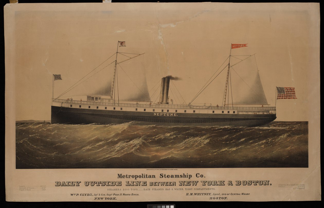 Compagnie de vapeur métropolitaine, ligne extérieure quotidienne entre New York et Boston... Neptune - N. and Ives J.M. (1824 95) Currier