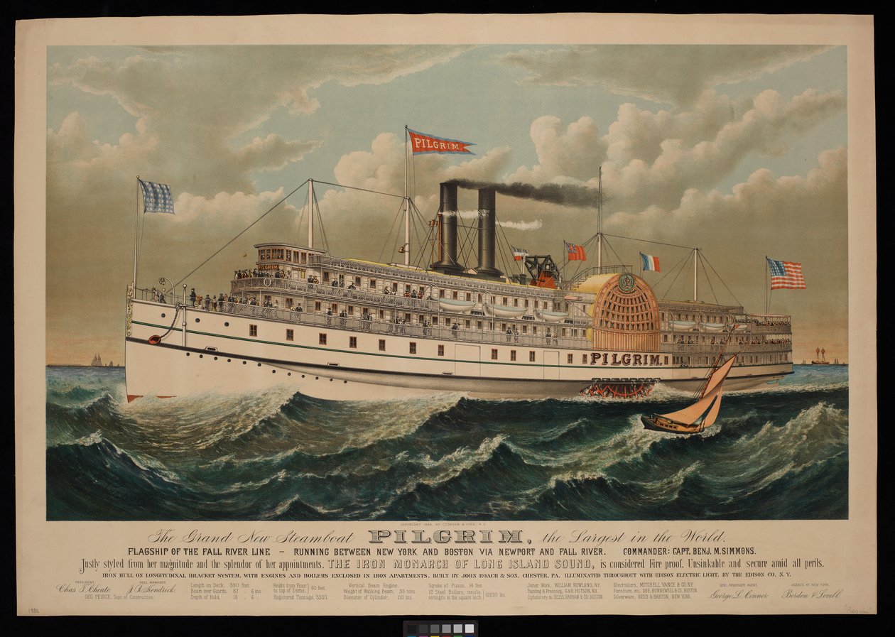 Le grand nouveau bateau à vapeur Pilgrim, le plus grand du monde. Navire amiral de la Fall River Line - entre New York et Boston via Newport et Fall River - N. and Ives J.M. (1824 95) Currier
