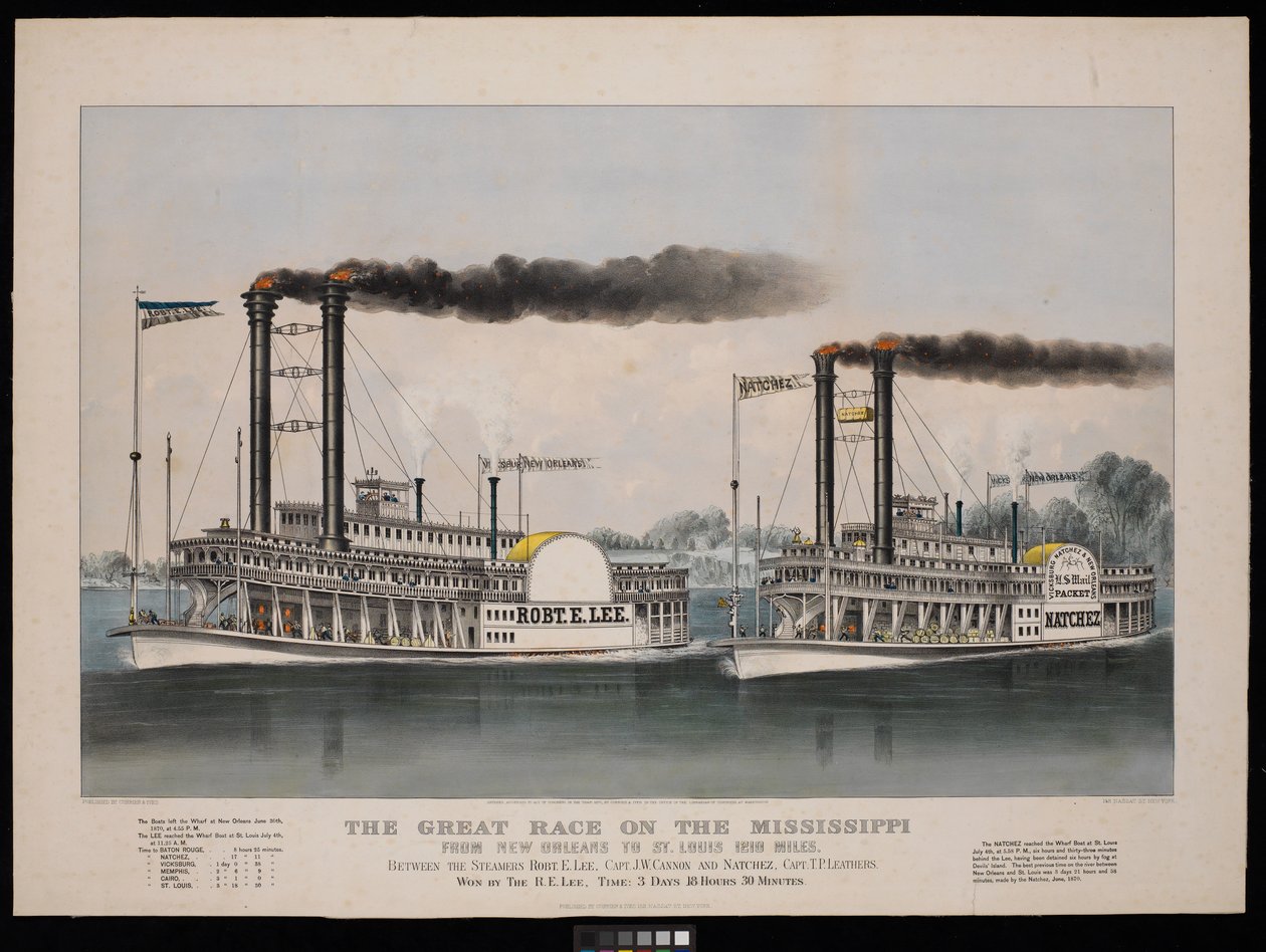 La grande course sur le Mississippi de la Nouvelle-Orléans à Saint-Louis 1210 miles. Entre les vapeurs Robt. E. Lee... et Natchez... Gagné par R.E. Lee - N. and Ives J.M. (1824 95) Currier