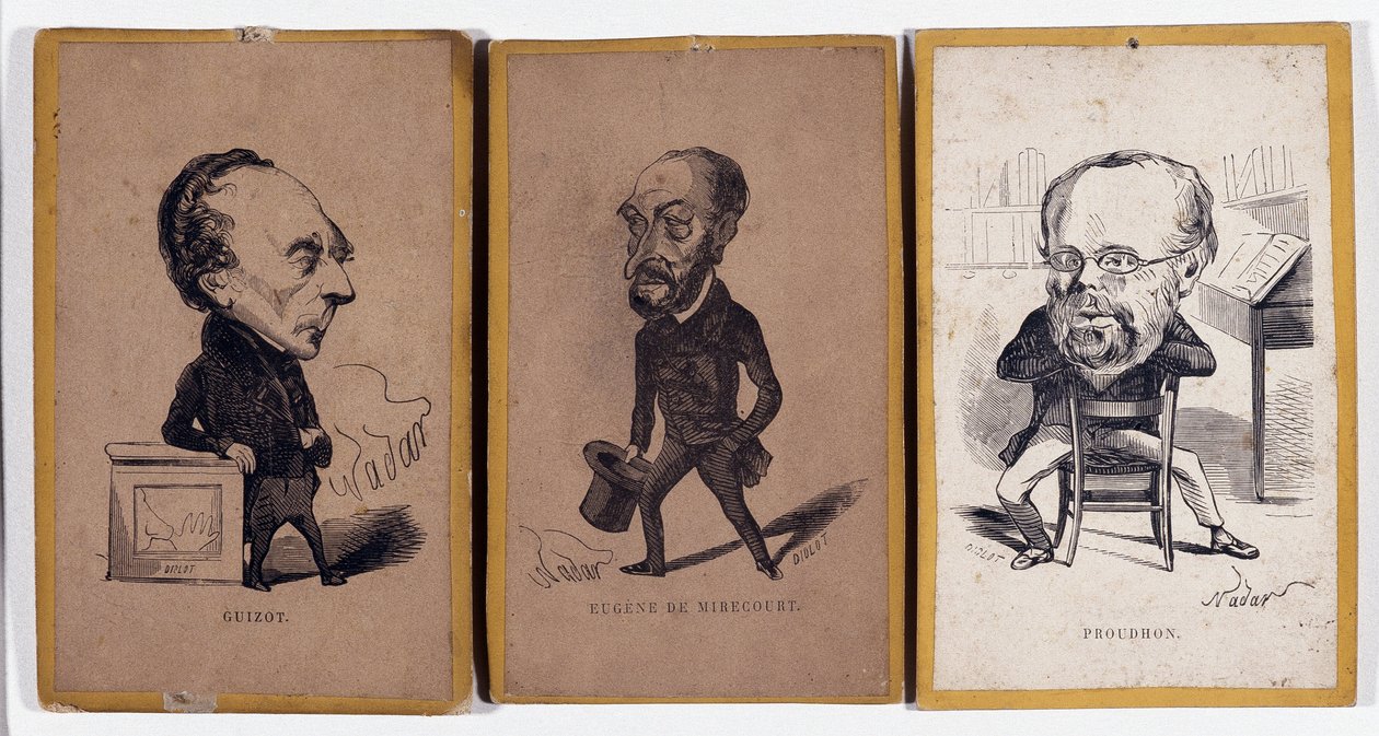 3 Portraits-charge : François Pierre Guillaume Guizot (1787-1874), historien et homme politique français, Charles Jean-Baptiste (Jean Baptiste) Jacquot dit Eugène de Mirecourt (1812-1880), journaliste et écrivain français, et Pierre-Joseph Proudhon - Nadar