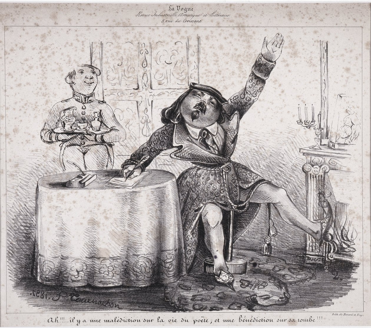 Ah!!! il y a une malédiction sur la vie du poète, et une malédiction sur sa tombe!!!. Un des premiers dessins de Félix Tournachon paru dans « La Vogue, revue industrielle, artistique et littéraire » - Nadar