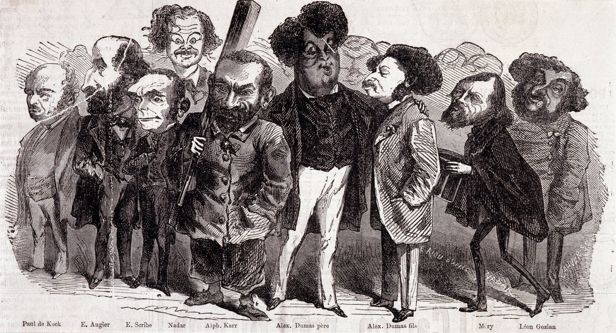 Portraits des écrivains Paul de Kock (1793-1871), Émile Augier (1820-1889), Eugène Scribe (1791-1861), Félix Nadar, Alphonse Karr (1808-1890), Alexandre Dumas père (1802-1870) et Alexandre Dumas fils (1824-1895), Joseph Méry (1798-1866) et Léon Gozlan (180 - Nadar