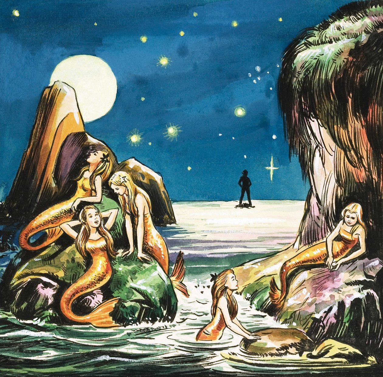 Peter et les sirènes, illustration de "Peter Pan" de J.M. Barrie (gouache sur papier) - Nadir Quinto