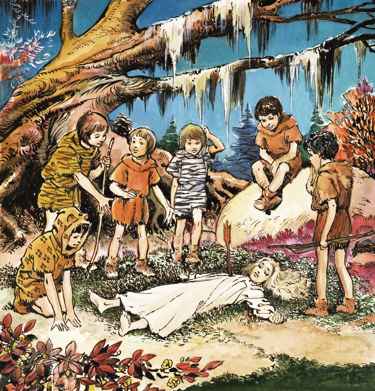 Le souci des Garçons Perdus pour Wendy blessée, illustration de "Peter Pan" de J.M. Barrie (gouache sur papier) - Nadir Quinto