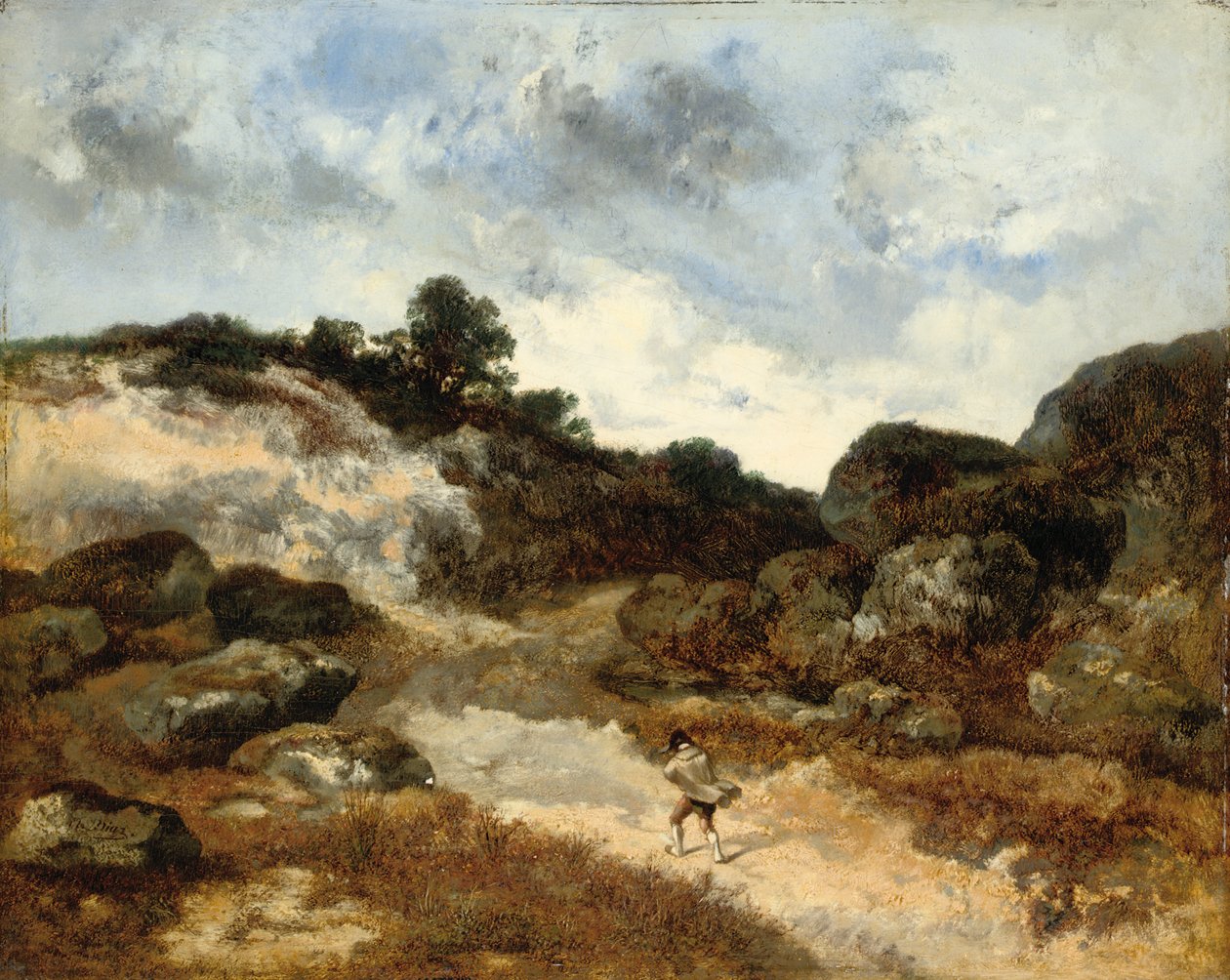 Avant la tempête, un personnage sur la route rocheuse vers Jean-de-Paris - Narcisse Virgile Diaz de la Peña