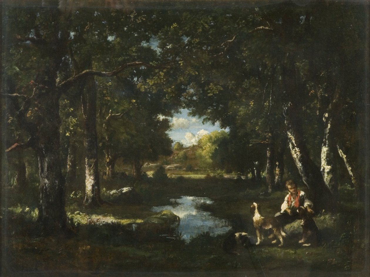 Homme et chien se reposant dans une clairière forestière - Narcisse Virgile Diaz de la Peña