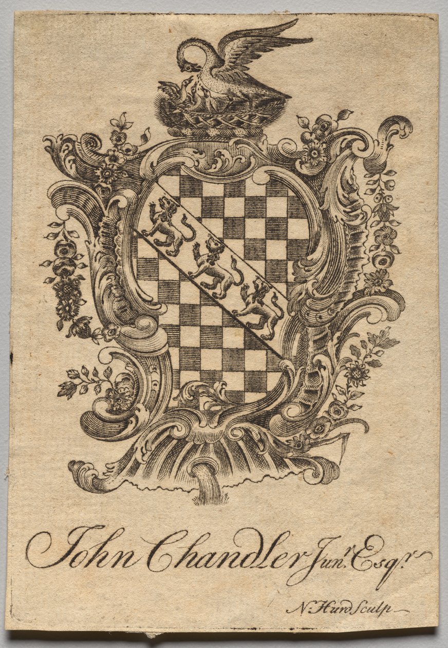 Ex-libris : Armoiries avec inscription de John Chandler Jun.r, Esq. - Nathaniel Hurd