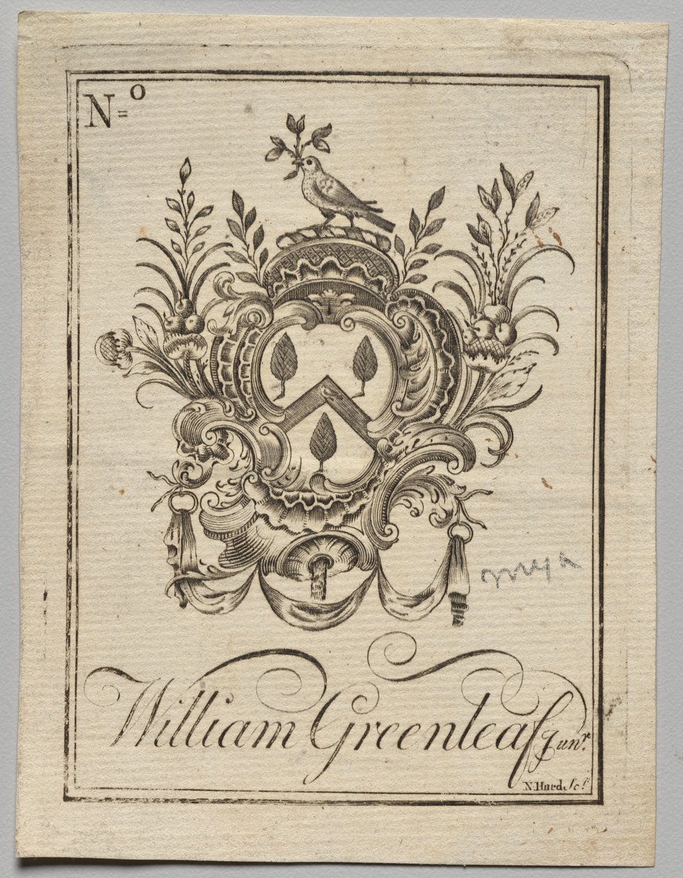 Ex-libris : Armoiries avec inscription de William Greenleaf Jun.r - Nathaniel Hurd