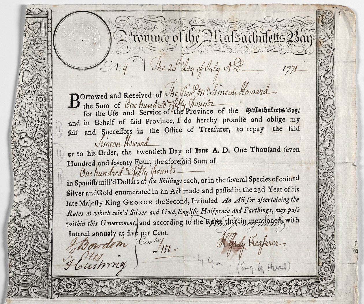 Certificat de prêt - Nathaniel Hurd