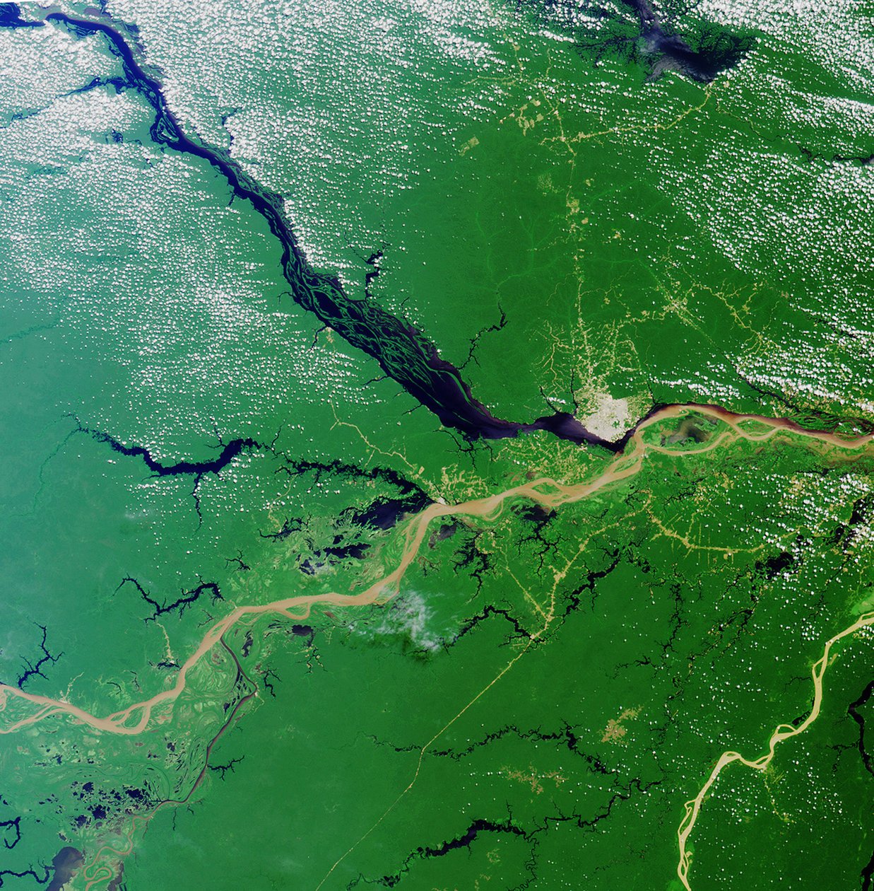 Convergence du Rio Solimoes et du Rio Negro près de Manaus, Brésil, pour former le fleuve Amazone, le plus grand fleuve de la Terre. Image satellite du 23 juillet 2000. Crédit NASA. - National Aeronautics and Space Administration National Aeronautics and Space Administration