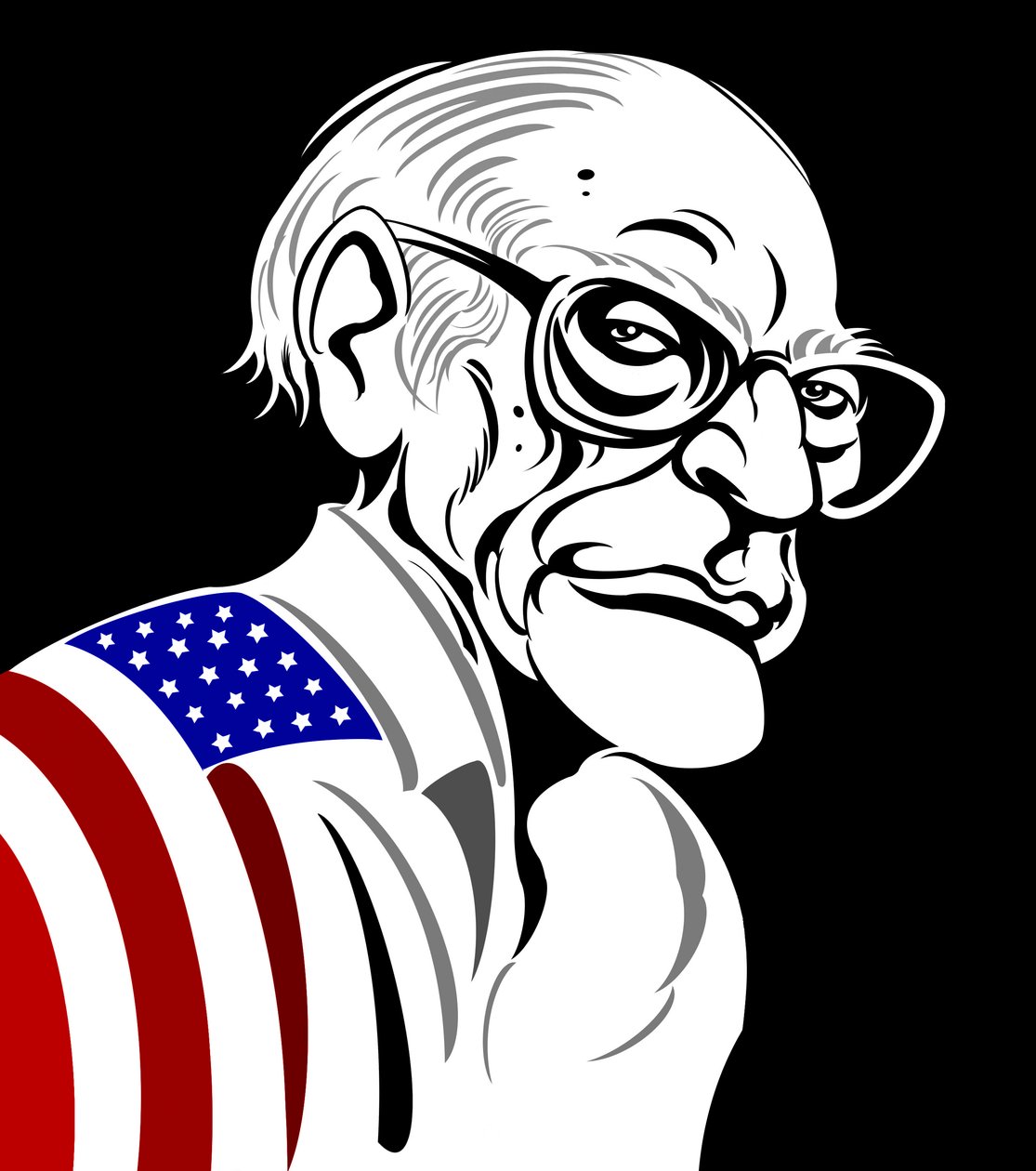 Arthur Miller, dramaturge américain (1915-2005); caricature en noir et blanc - couleur, drapé dans le drapeau américain - Neale Osborne