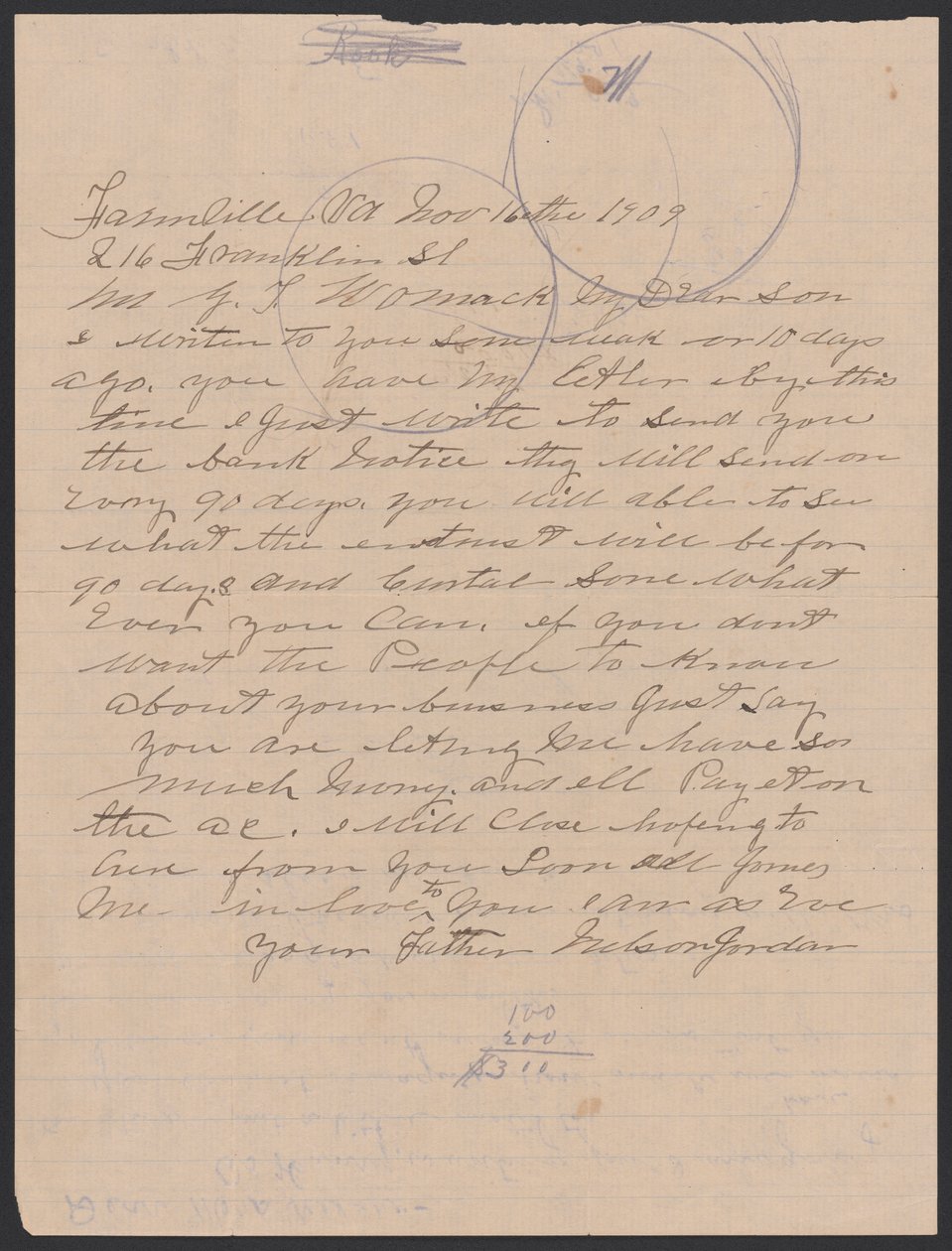 Lettre de Nelson Jordan à Julia Womack avec une enveloppe, 16 novembre 1909 - Nelson Jordan