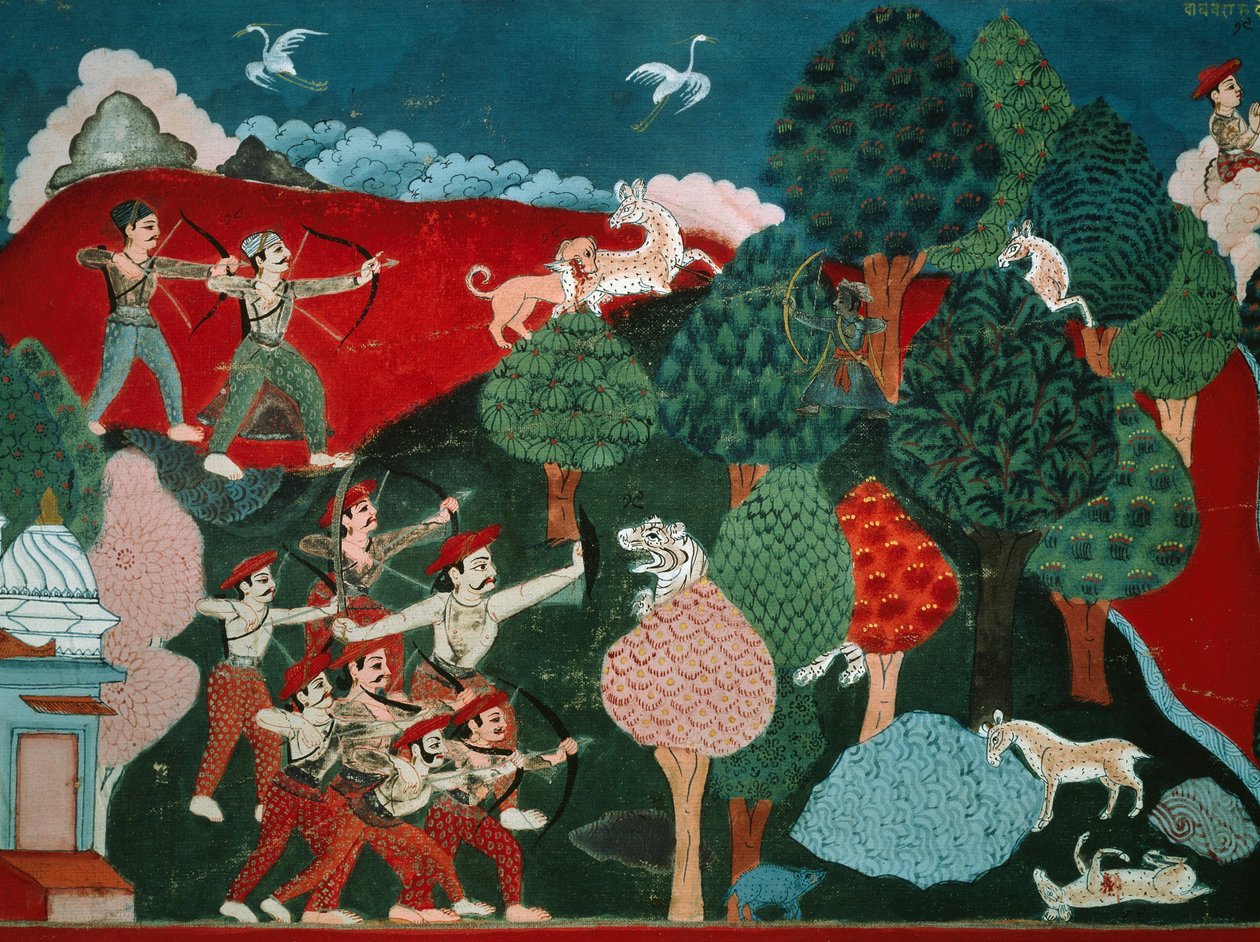 Un roi passant ses journées à tuer de pauvres gazelles sans raison, plus tard, dans une autre vie, il est gazelle et est tué par un chasseur (détail) - Nepalese School