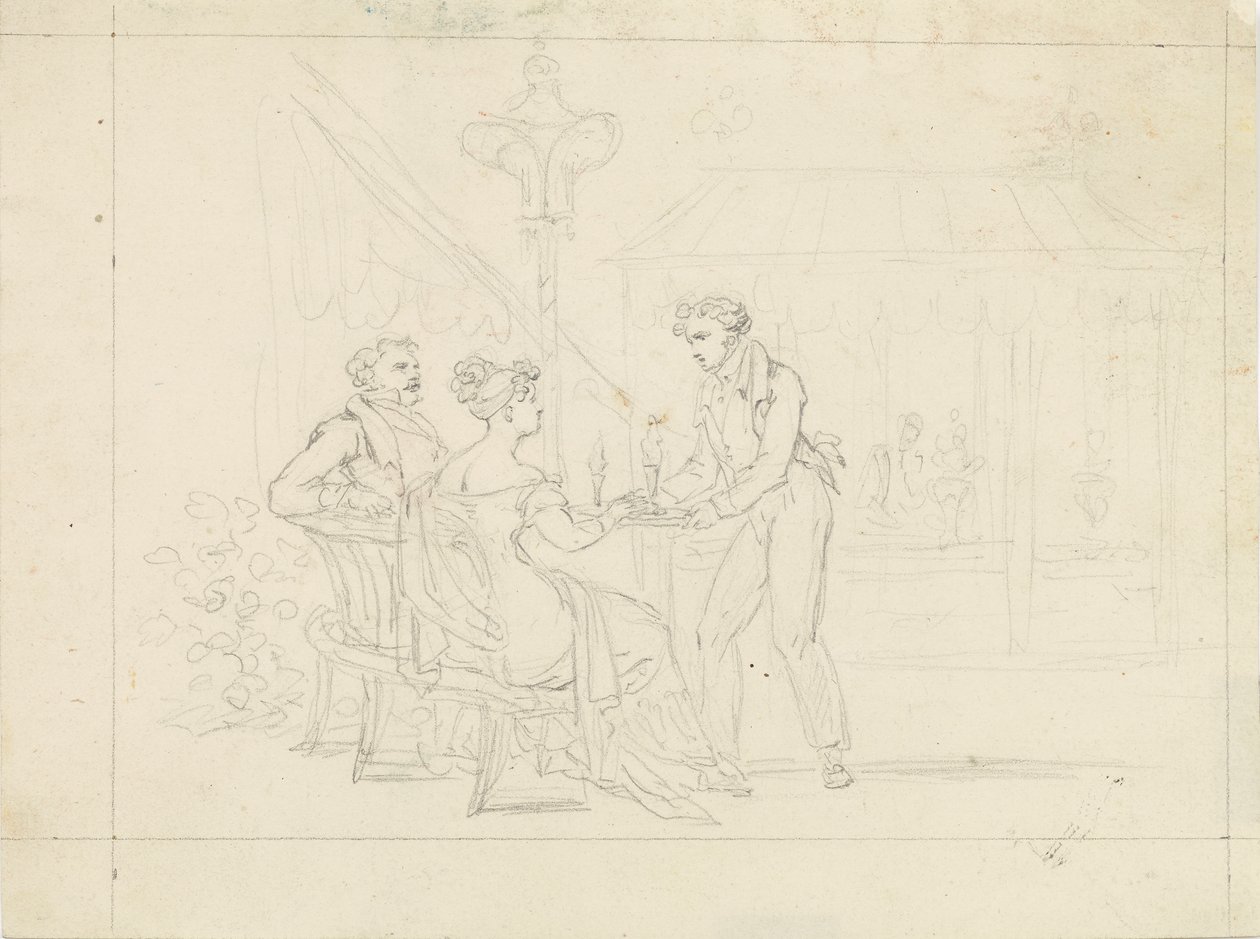 Couple Biedermeier dans un café, serveur servant de la glace - Leopold Blonder