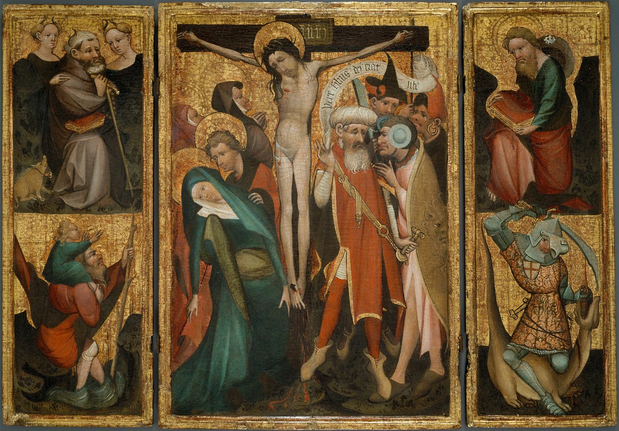 Triptyque de la Crucifixion avec les saints Antoine, Christophe, Jacques et Georges - Netherlandish