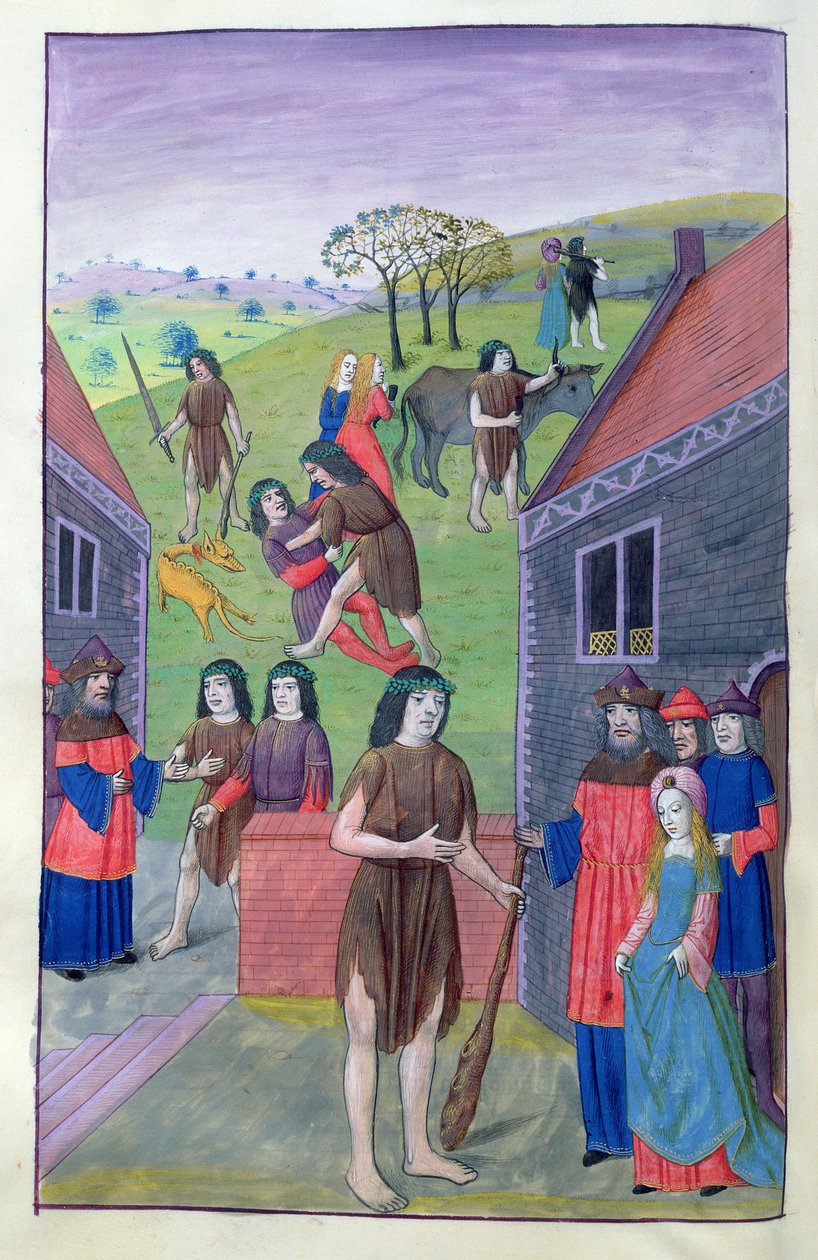 Ms 324 f.91 v. Hercule combat Achéloüs et prend le taureau par les cornes, 1479 - Netherlandish School