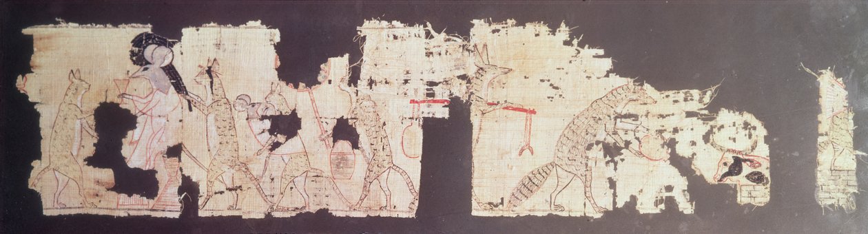 Papyrus satirique représentant une souris servie par des chats (papyrus) - New Kingdom Egyptian