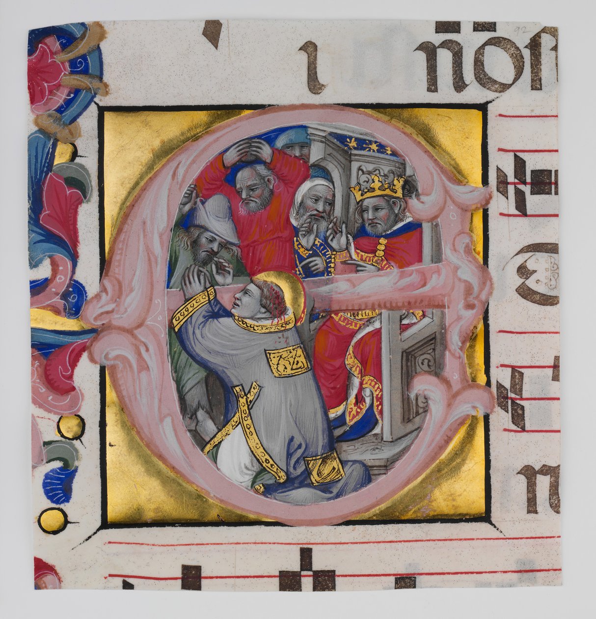 Enluminure de manuscrit avec le martyre de Saint Étienne dans une initiale E - Niccolò di Giacomo da Bologna