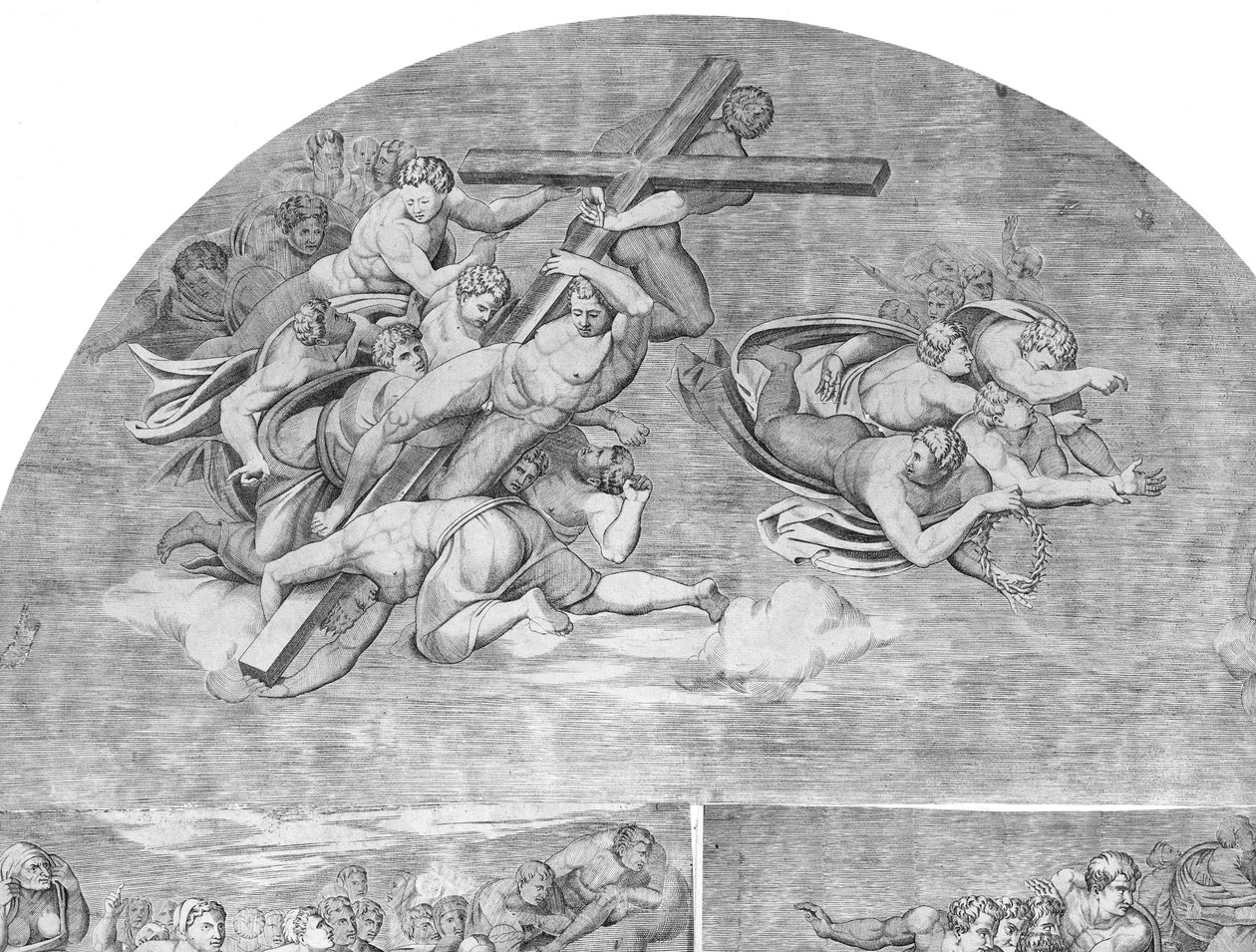 Anges portant la croix avec des saints en dessous section supérieure gauche du Jugement dernier, 1548 - Niccolo della Casa