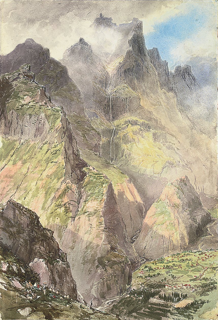 Le Grande Curral, Madère, avec un groupe de touristes au premier plan, le Pico Grande au-delà (aquarelle sur papier) - Nicholas Chevalier
