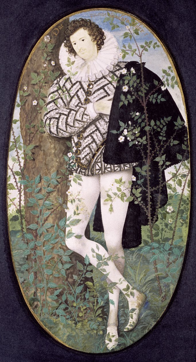 Un jeune homme appuyé contre un arbre parmi les roses - Nicholas Hilliard