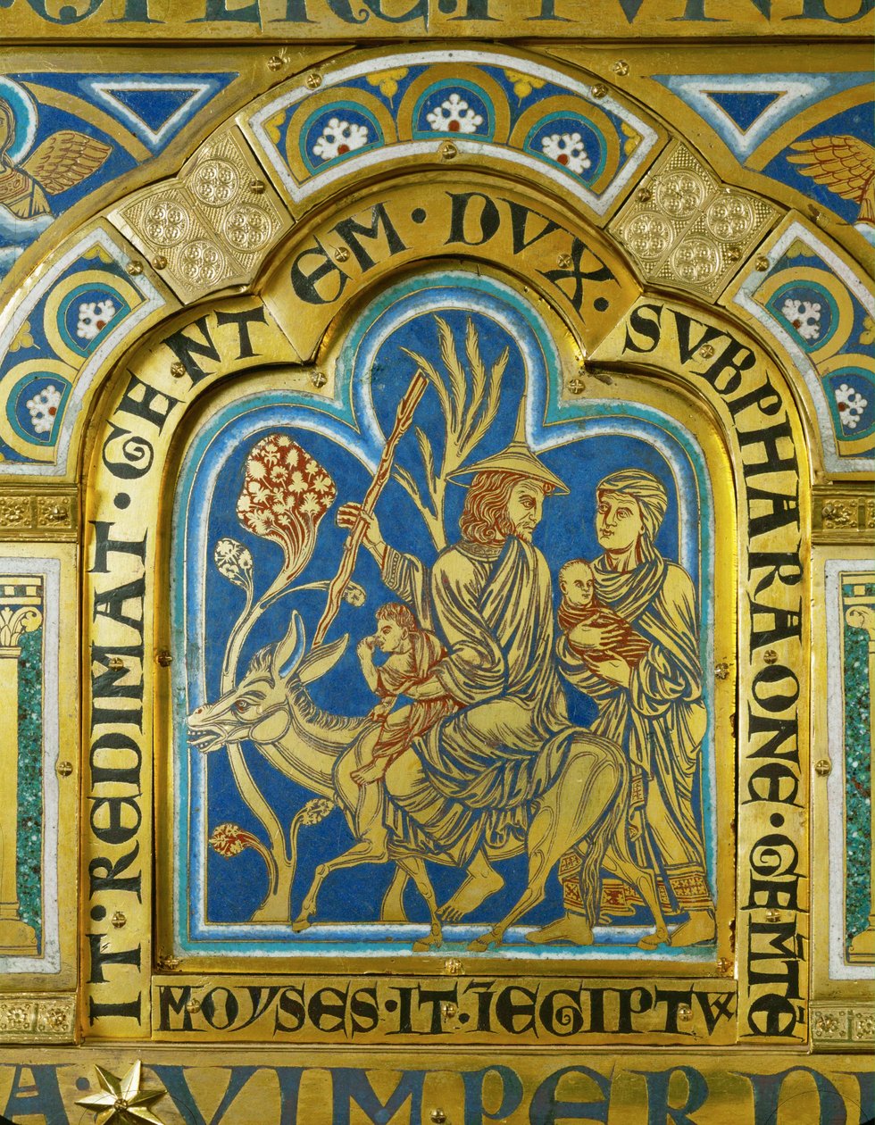 Moïse retourne en Egypte avec sa femme Zipporah et ses deux fils ... (émail sur cuivre doré) - Nicholas of Verdun