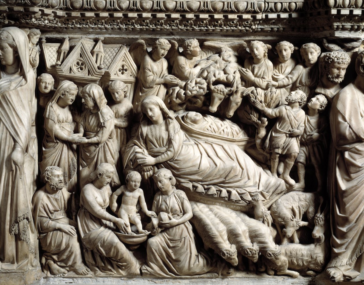 Art gothique et architecture : Visitation et Nativité - Détail des bas-reliefs du pupitre en marbre réalisé par Nicola Pisano entre 1266 et 1268 - Nicola Pisano