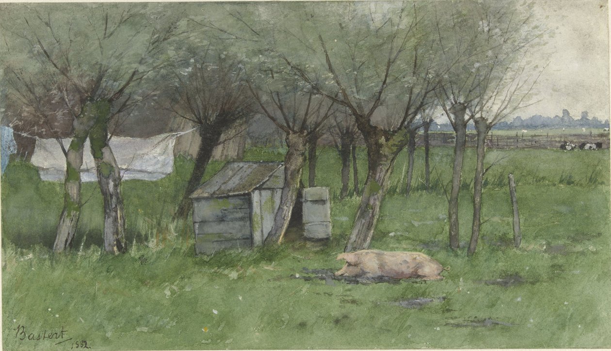 Cour de ferme avec cochon couché dans un grenier sous les saules - Nicolaas Bastert