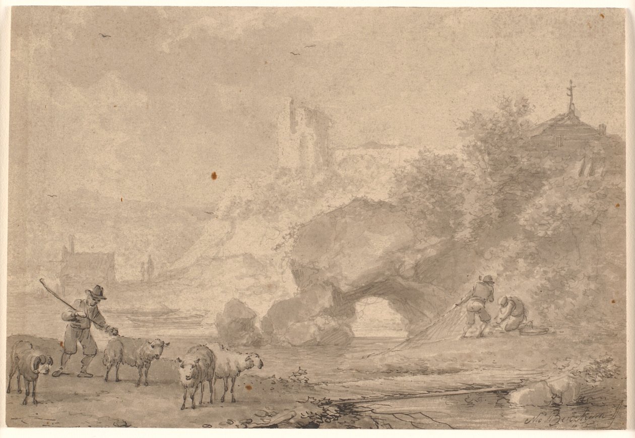 Berger et pêcheurs dans un paysage fluvial méridional - Nicolaes Berchem