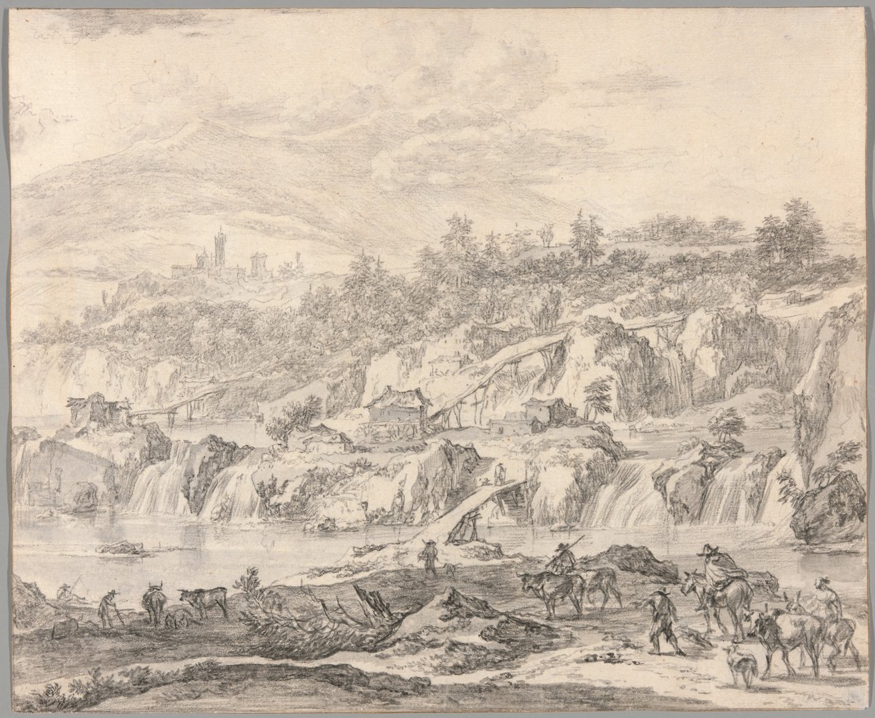 Paysage avec cascades et ponts, paysans au premier plan - Nicolaes Berchem