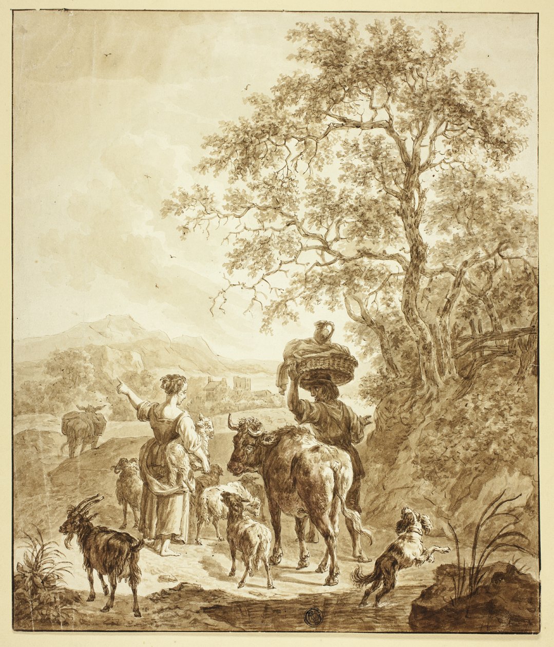 Bergère et paysan avec troupeau dans un paysage italianisant - Nicolaes Berchem