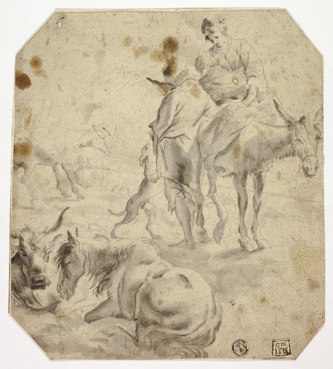 Femme et enfant sur un âne, homme, chiens, chevaux - Nicolaes Berchem