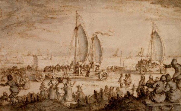 Les yachts terrestres de Prins Maurits de Nassau sur la plage de Scheveningen, vers 1614-15 - Nicolaes Jansz  Visscher