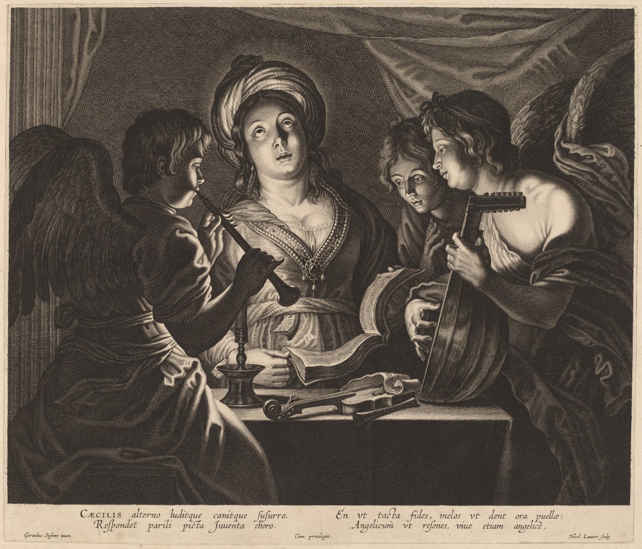 Sainte Cécile accompagnée de musiciens célestes - Nicolaes Lauwers after Gerard Seghers