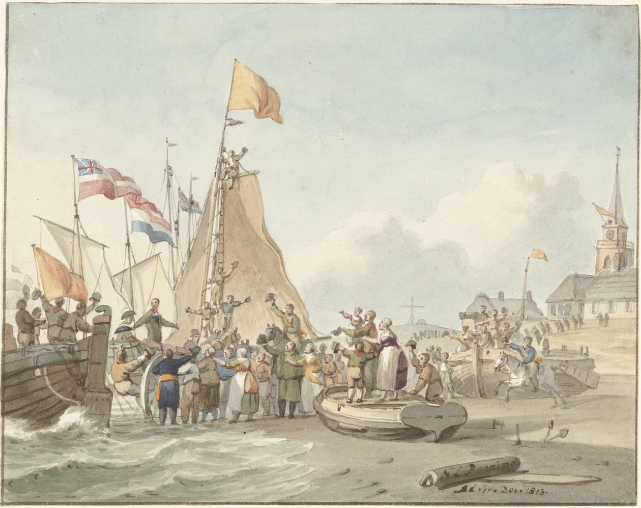 Arrivée du prince Willem Frederik à Scheveningen, 30 novembre 1813 - Nicolaes Lodewick Penning (signed by artist)