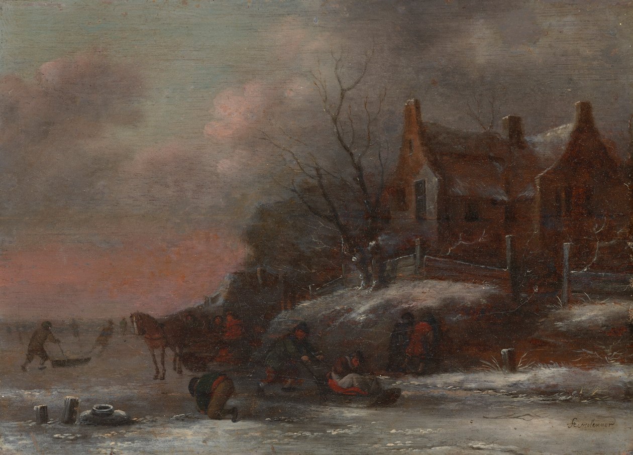 Paysage hivernal avec des personnages faisant de la luge sur une rivière gelée - Nicolaes Molenaer