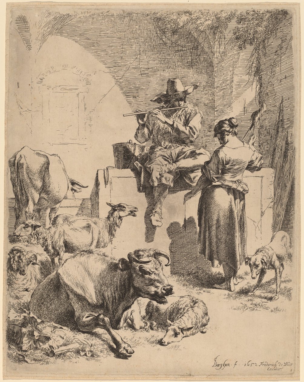 Le berger assis sur une fontaine et la fileuse - Nicolaes Pietersz Berchem